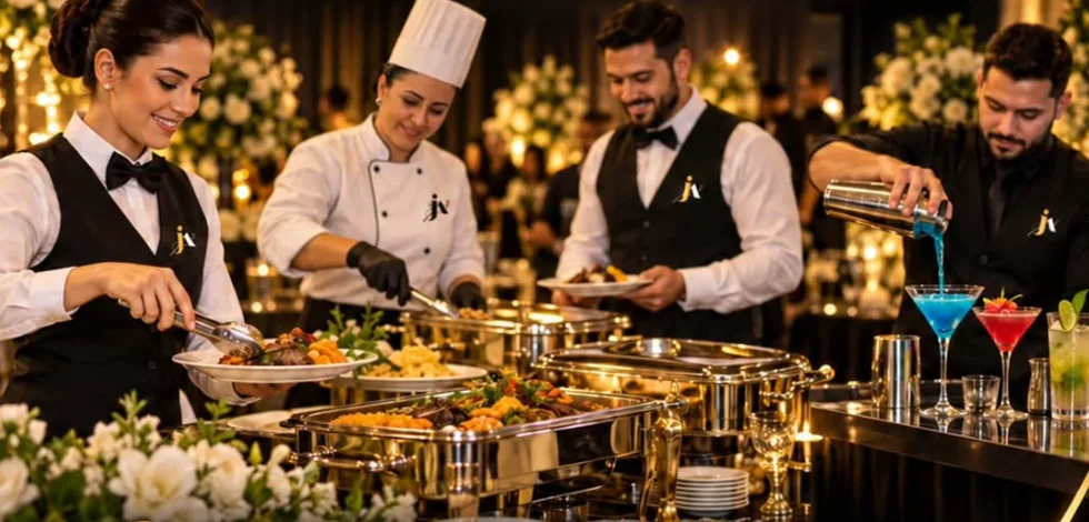 Equipe de buffet servindo pratos em réchauds dourados e barman preparando drinks
